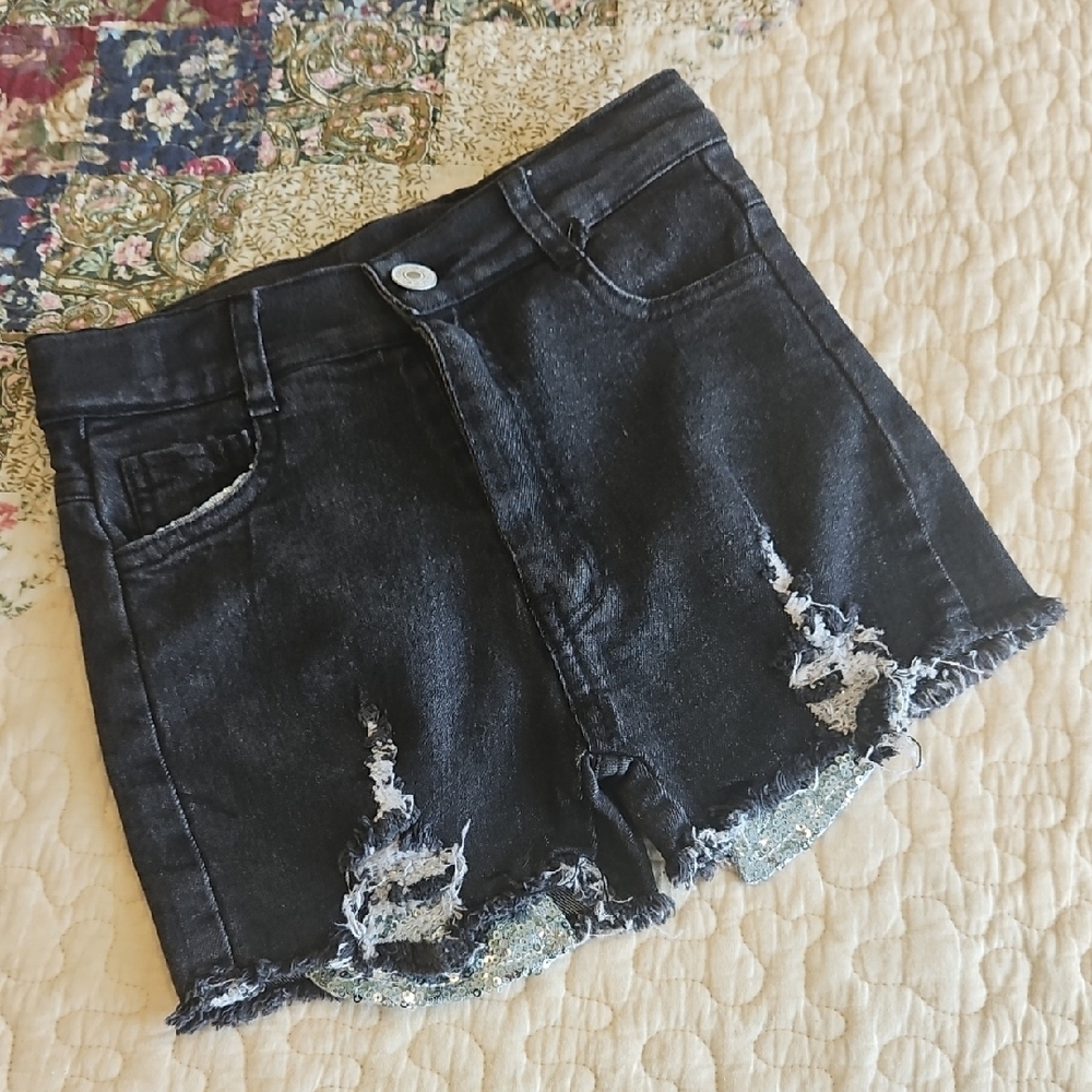 Girls Black Denim Shorts With Blue Sequin Accents